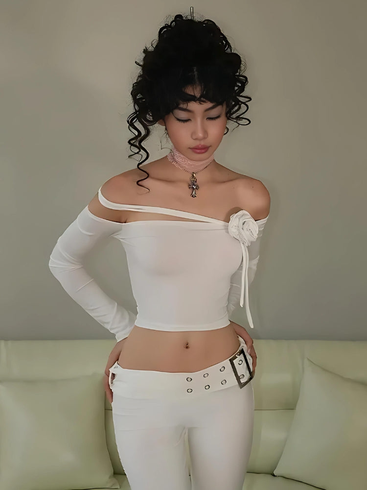 Y2K Grunge Baddie Rose Asymmetric Off Shoulder Top - Retro 90s Fashion Statement Y2K Grunge Baddie Rose Asymmetric Off Shoulder Top - Retro 90s Fashion Statement