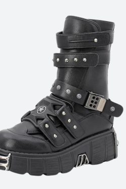 Y2K Grunge Chunky Platform Boots with Velcro Straps - Retro 90s Style