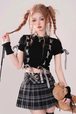 Y2K Grunge Coquette Lace Up Crop Top - Retro 90s Fashion Statement