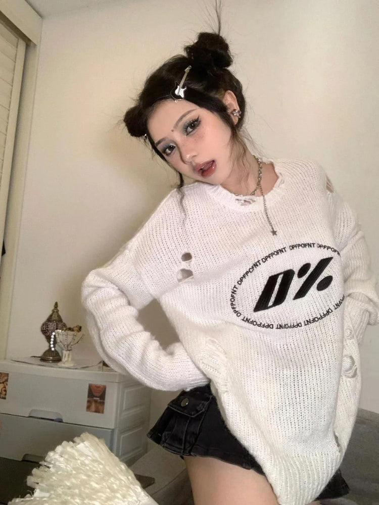 Y2K Grunge Distressed Knitted Sweater - Retro 90s Fashion Y2K Outfits Y2K Grunge Distressed Knitted Sweater - Retro 90s Fashion Y2K Outfits