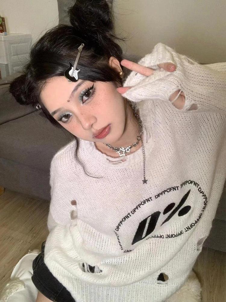 Y2K Grunge Distressed Knitted Sweater - Retro 90s Fashion Y2K Outfits Y2K Grunge Distressed Knitted Sweater - Retro 90s Fashion Y2K Outfits