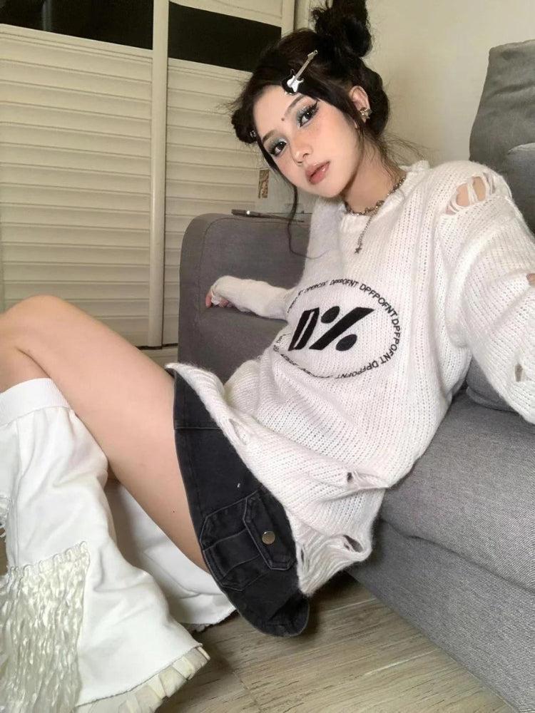Y2K Grunge Distressed Knitted Sweater - Retro 90s Fashion Y2K Outfits Y2K Grunge Distressed Knitted Sweater - Retro 90s Fashion Y2K Outfits
