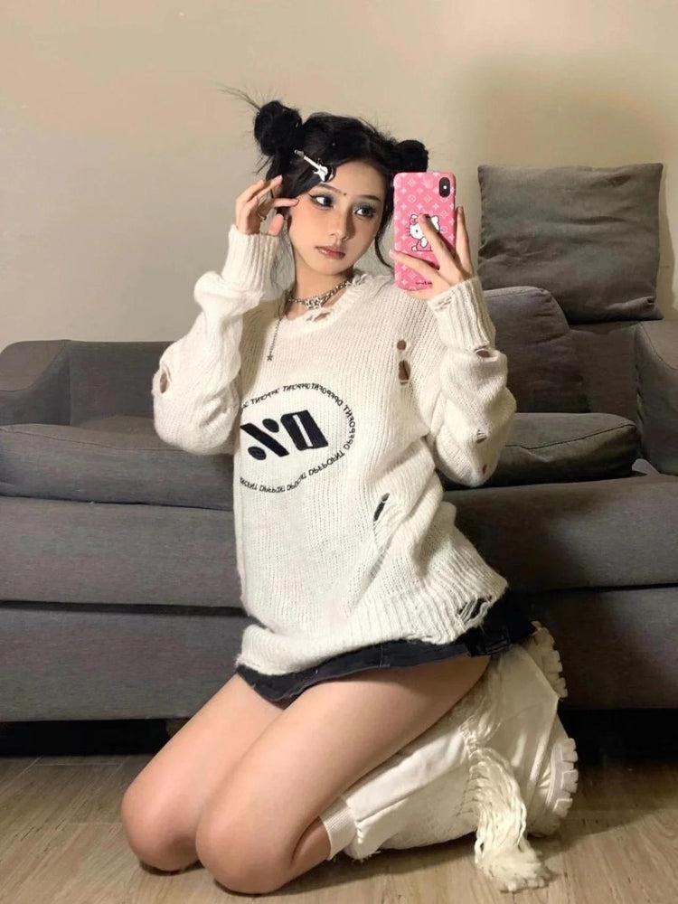 Y2K Grunge Distressed Knitted Sweater - Retro 90s Fashion Y2K Outfits Y2K Grunge Distressed Knitted Sweater - Retro 90s Fashion Y2K Outfits