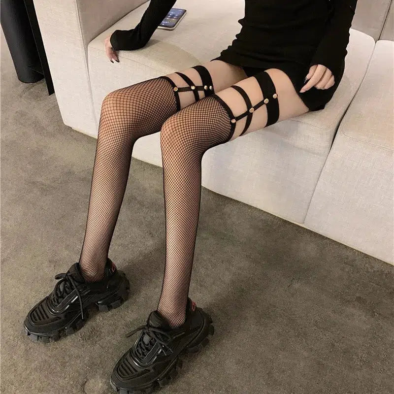 Y2K Grunge Fishnet Thigh High Socks - Retro 90s Style for Edgy Outfits