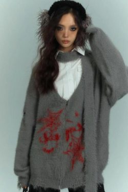 Y2K Grunge Fluffy Cardigan with Scarf Tie - Retro 90s Fashion Statement