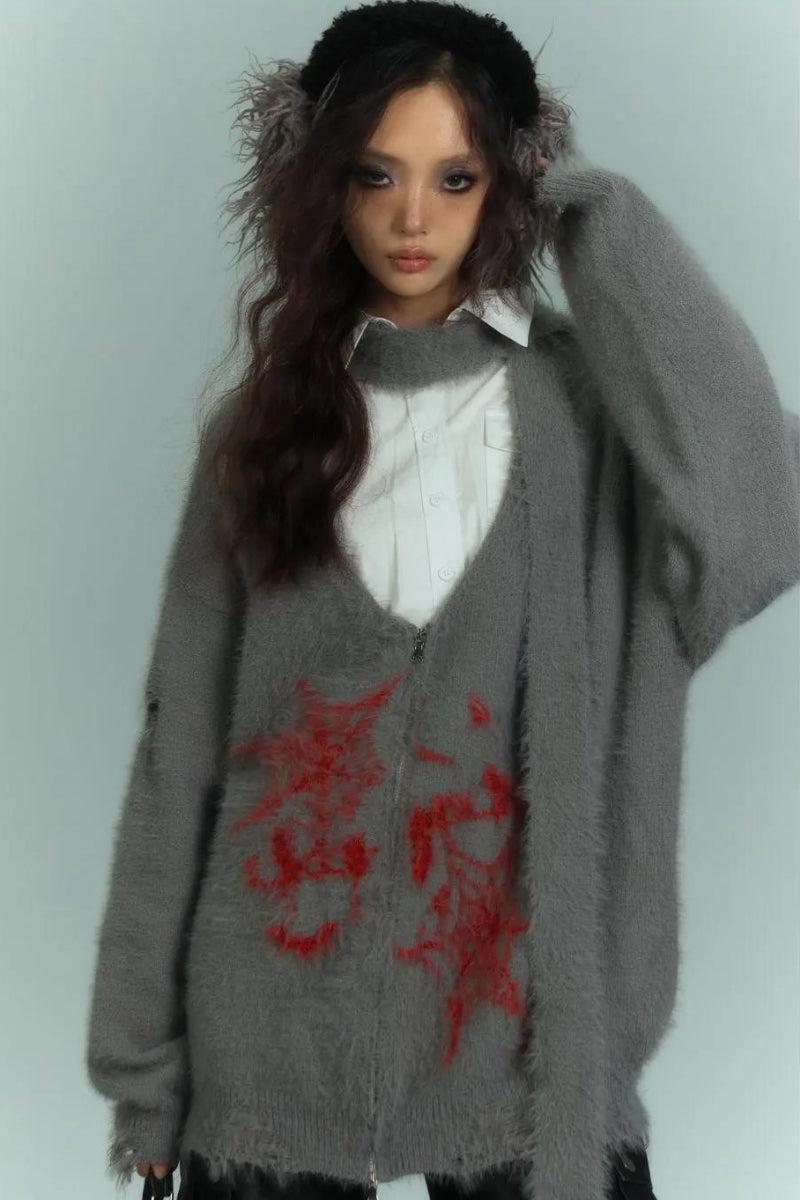 Y2K Grunge Fluffy Cardigan with Scarf Tie - Retro 90s Fashion Statement Y2K Grunge Fluffy Cardigan with Scarf Tie - Retro 90s Fashion Statement