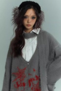Y2K Grunge Fluffy Cardigan with Scarf Tie - Retro 90s Fashion Statement