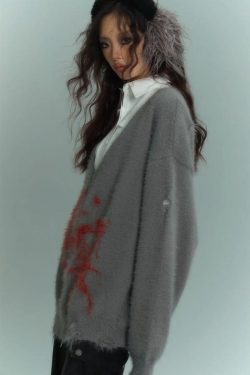 Y2K Grunge Fluffy Cardigan with Scarf Tie - Retro 90s Fashion Statement