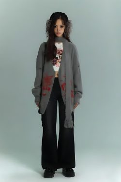 Y2K Grunge Fluffy Cardigan with Scarf Tie - Retro 90s Fashion Statement