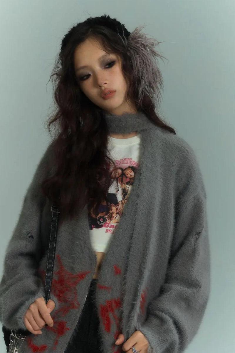 Y2K Grunge Fluffy Cardigan with Scarf Tie - Retro 90s Fashion Statement Y2K Grunge Fluffy Cardigan with Scarf Tie - Retro 90s Fashion Statement