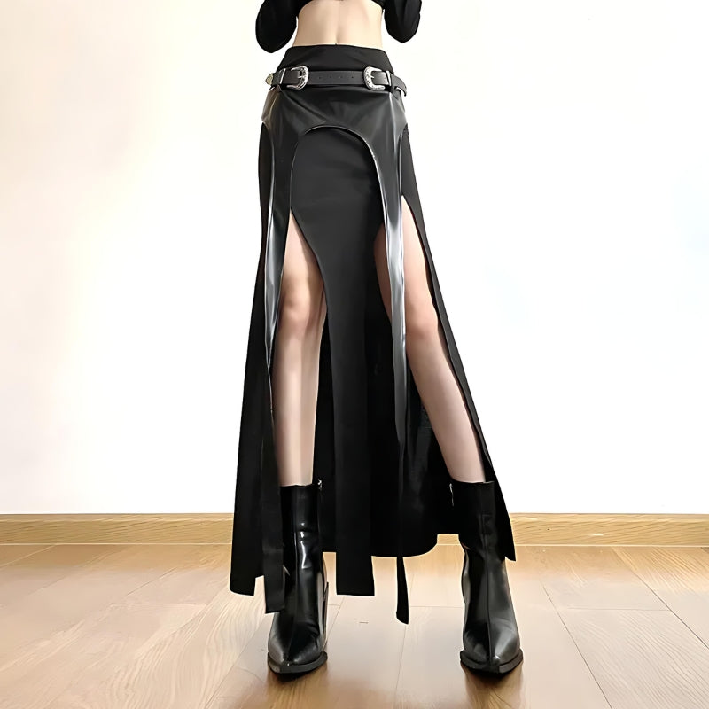 Y2K Grunge Goth Double Slit Maxi Skirt - Retro 90s Fashion Statement