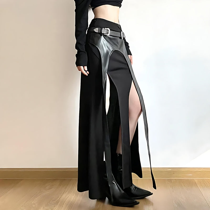 Y2K Grunge Goth Double Slit Maxi Skirt - Retro 90s Fashion Statement