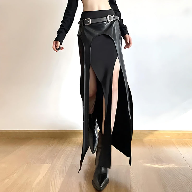 Y2K Grunge Goth Double Slit Maxi Skirt - Retro 90s Fashion Statement