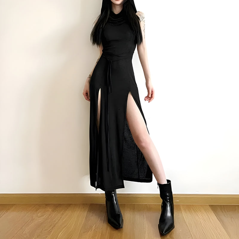 Y2K Grunge Goth Hooded Cut Out Back Midi Dress - Retro Style Douyin Fashion Y2K Grunge Goth Hooded Cut Out Back Midi Dress - Retro Style Douyin Fashion