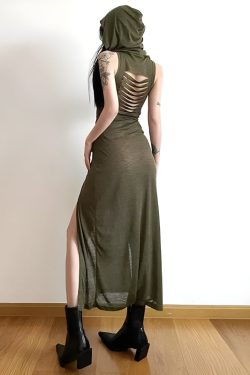 Y2K Grunge Goth Hooded Cut Out Back Midi Dress - Retro Style Douyin Fashion
