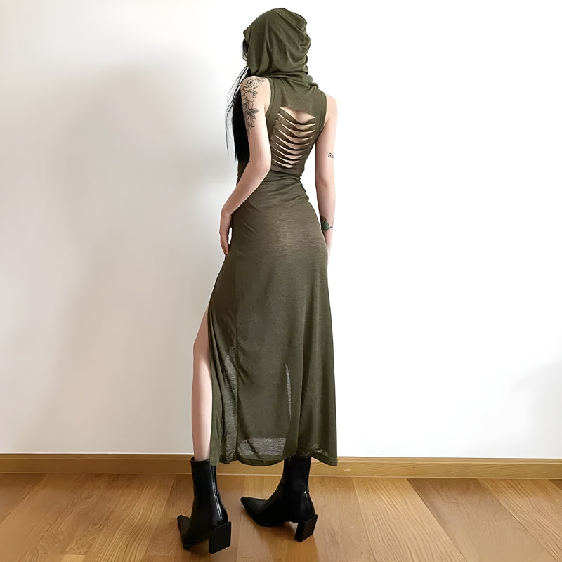 Y2K Grunge Goth Hooded Cut Out Back Midi Dress - Retro Style Douyin Fashion Y2K Grunge Goth Hooded Cut Out Back Midi Dress - Retro Style Douyin Fashion