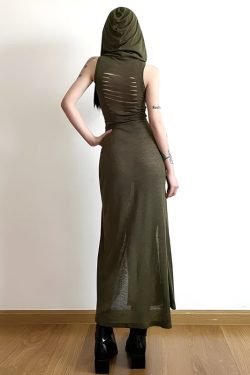 Y2K Grunge Goth Hooded Cut Out Back Midi Dress - Retro Style Douyin Fashion