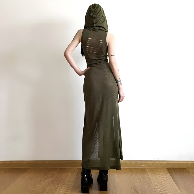 Y2K Grunge Goth Hooded Cut Out Back Midi Dress - Retro Style Douyin Fashion Y2K Grunge Goth Hooded Cut Out Back Midi Dress - Retro Style Douyin Fashion