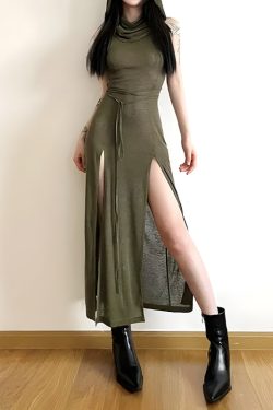Y2K Grunge Goth Hooded Cut Out Back Midi Dress - Retro Style Douyin Fashion