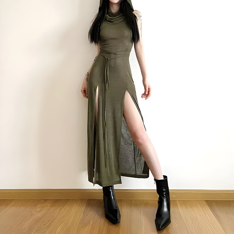 Y2K Grunge Goth Hooded Cut Out Back Midi Dress - Retro Style Douyin Fashion Y2K Grunge Goth Hooded Cut Out Back Midi Dress - Retro Style Douyin Fashion