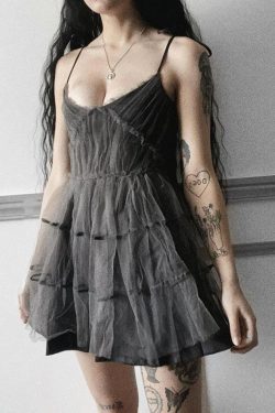 Y2K Grunge Goth Strap Patchwork Mini Dress - Retro 90s Fashion