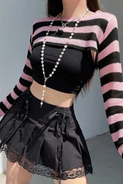 Y2K Grunge Goth Striped Knitted Shrug Sweater - Retro 90s Fashion Statement