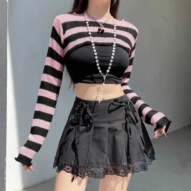 Y2K Grunge Goth Striped Knitted Shrug Sweater - Retro 90s Fashion Statement Y2K Grunge Goth Striped Knitted Shrug Sweater - Retro 90s Fashion Statement