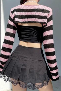 Y2K Grunge Goth Striped Knitted Shrug Sweater - Retro 90s Fashion Statement