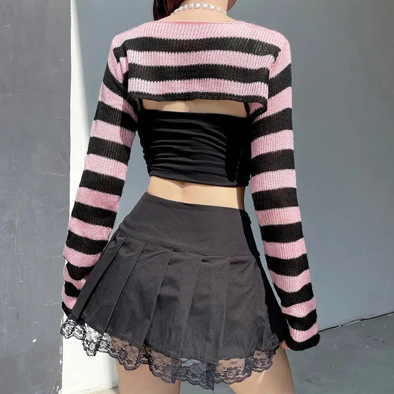 Y2K Grunge Goth Striped Knitted Shrug Sweater - Retro 90s Fashion Statement Y2K Grunge Goth Striped Knitted Shrug Sweater - Retro 90s Fashion Statement