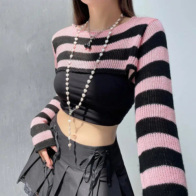 Y2K Grunge Goth Striped Knitted Shrug Sweater - Retro 90s Fashion Statement Y2K Grunge Goth Striped Knitted Shrug Sweater - Retro 90s Fashion Statement