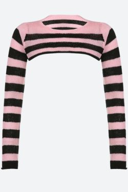 Y2K Grunge Goth Striped Knitted Shrug Sweater - Retro 90s Fashion Statement