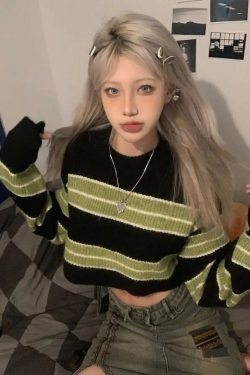 Y2K Grunge Green Striped Crop Sweater - Retro 90s Fashion Statement