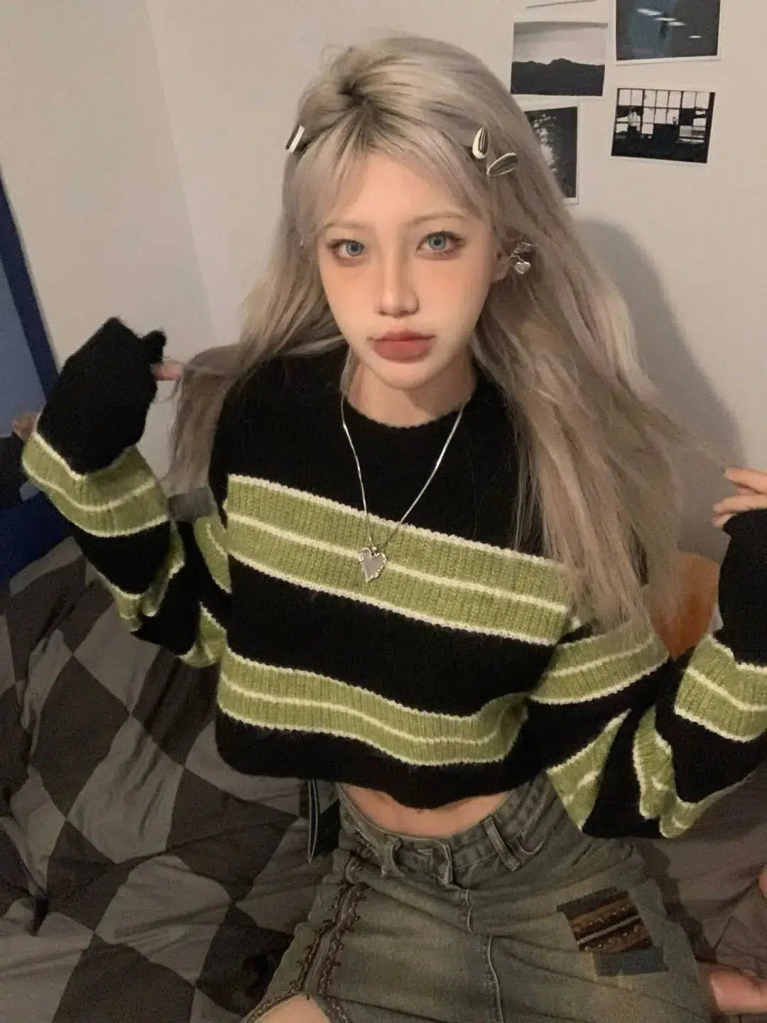 Y2K Grunge Green Striped Crop Sweater - Retro 90s Fashion Statement Y2K Grunge Green Striped Crop Sweater - Retro 90s Fashion Statement