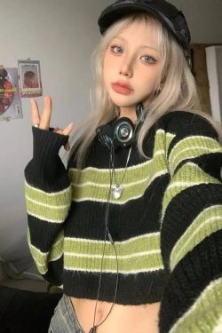 Y2K Grunge Green Striped Crop Sweater - Retro 90s Fashion Statement