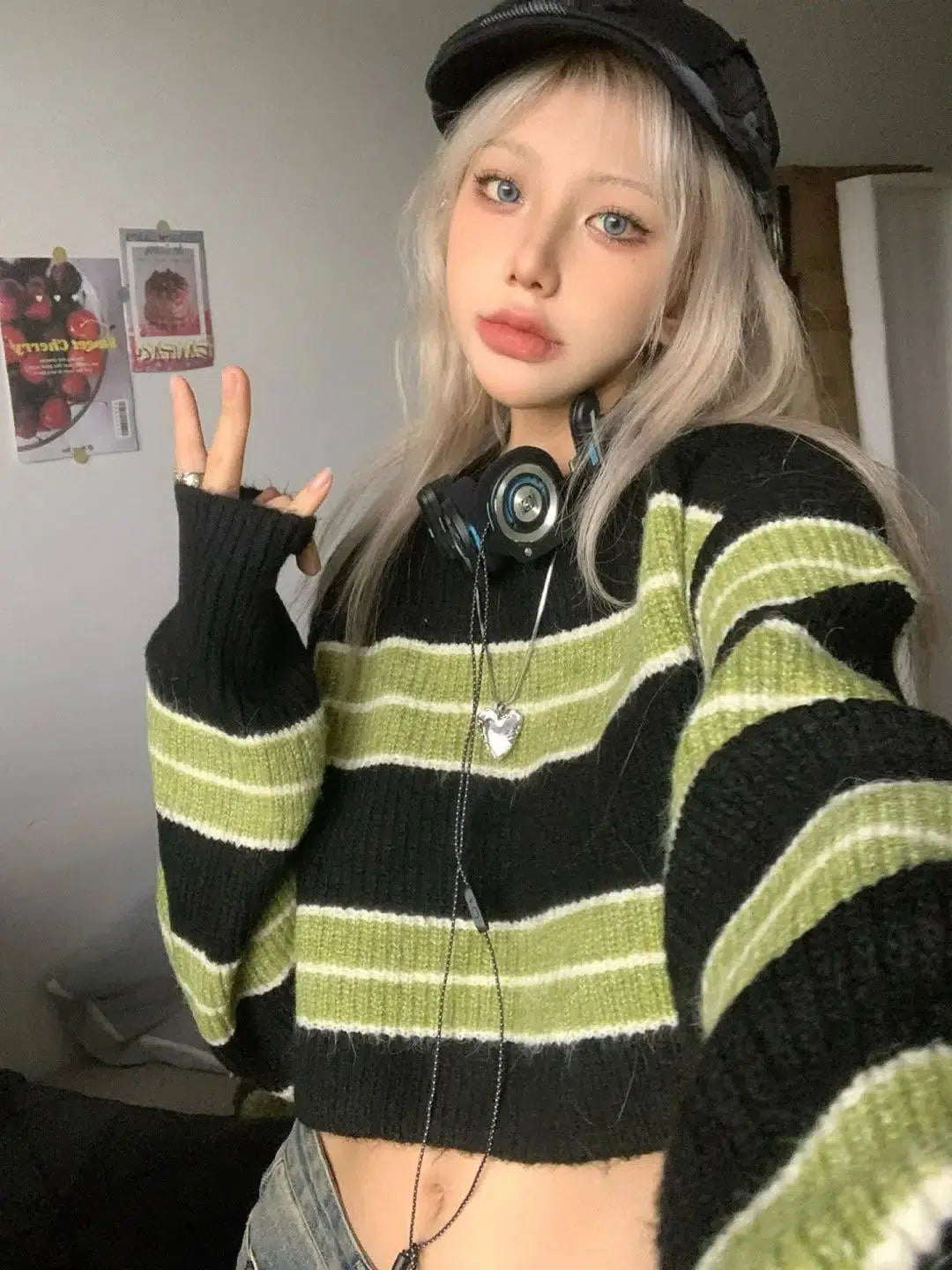 Y2K Grunge Green Striped Crop Sweater - Retro 90s Fashion Statement Y2K Grunge Green Striped Crop Sweater - Retro 90s Fashion Statement