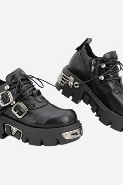 Y2K Grunge Lace Up Platform Boots with Belted Detail - Retro 90s Fashion