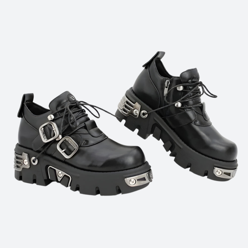 Y2K Grunge Lace Up Platform Boots with Belted Detail - Retro 90s Fashion Y2K Grunge Lace Up Platform Boots with Belted Detail - Retro 90s Fashion