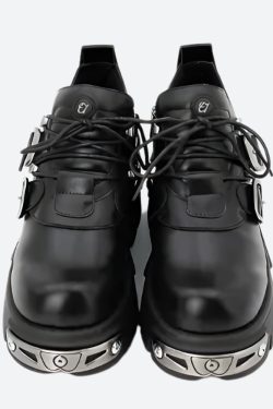 Y2K Grunge Lace Up Platform Boots with Belted Detail - Retro 90s Fashion