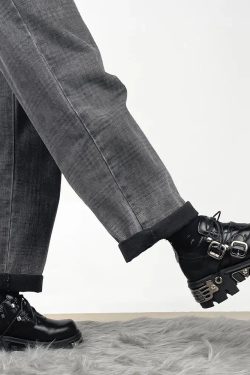 Y2K Grunge Lace Up Platform Boots with Belted Detail - Retro 90s Fashion