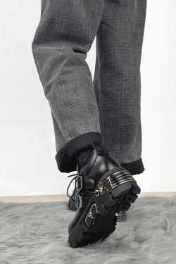 Y2K Grunge Lace Up Platform Boots with Belted Detail - Retro 90s Fashion