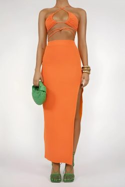 Y2K Lace Up Crop Top & Slit Maxi Skirt Two Piece Set - Retro Summer Fashion Outfit