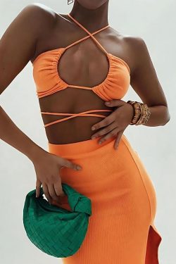 Y2K Lace Up Crop Top & Slit Maxi Skirt Two Piece Set - Retro Summer Fashion Outfit