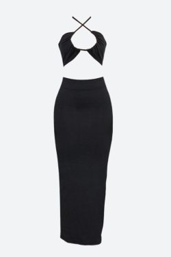 Y2K Lace Up Crop Top & Slit Maxi Skirt Two Piece Set - Retro Summer Fashion Outfit