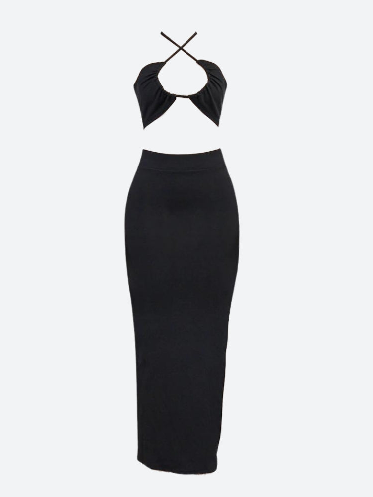 Y2K Lace Up Crop Top & Slit Maxi Skirt Two Piece Set - Retro Summer Fashion Outfit