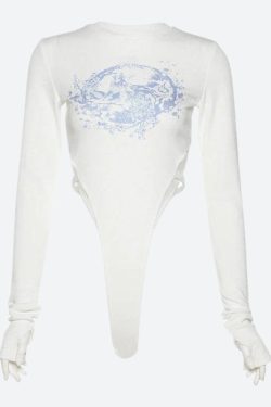 Y2K Mythology Figure Printed Bodysuit - Retro Style Grunge Outfit