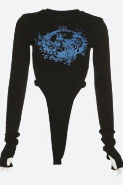 Y2K Mythology Figure Printed Bodysuit - Retro Style Grunge Outfit