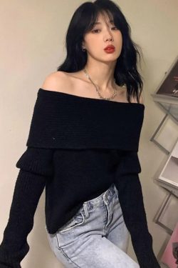 Y2K Off Shoulder Knitted Sweater - Retro Style Grunge Outfit