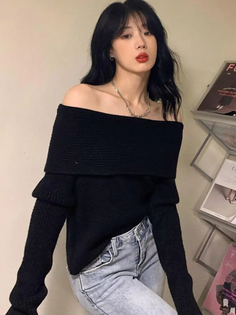 Y2K Off Shoulder Knitted Sweater - Retro Style Grunge Outfit Y2K Off Shoulder Knitted Sweater - Retro Style Grunge Outfit