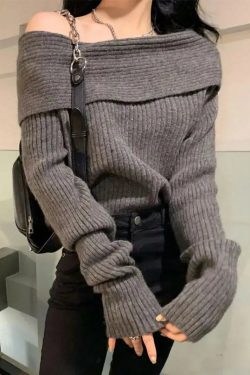 Y2K Off Shoulder Knitted Sweater - Retro Style Grunge Outfit
