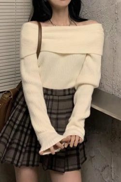 Y2K Off Shoulder Knitted Sweater - Retro Style Grunge Outfit
